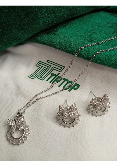 Tiptop/ Gümüş Renk Zirkon Taşlı Baget Fiyonk Model Kolye Ve Küpe Seti Gümüş