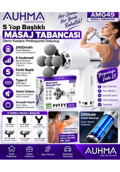 Auhma Amg49 2400mah 6 Kademeli 5 Başlıklı Masaj Tabancası Derin Kas Masaj Cihazı Beyaz