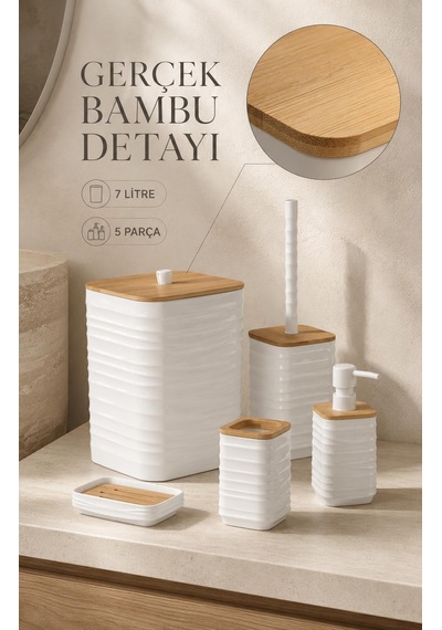Luna Beyaz Bambulu Banyo Seti 5 Parça Plastik
