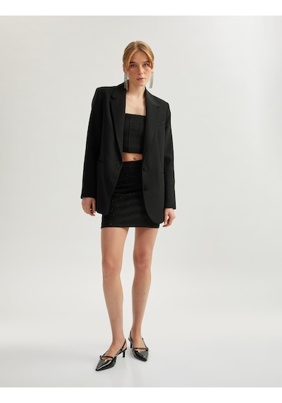 Koton Yüksek Bel Slim Fit Taş Detaylı Mini Abiye Etek Siyah 5sak70012fk Siyah