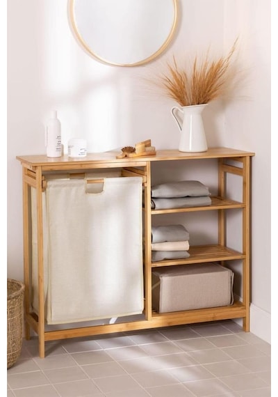 Digithome Bambu 3 Raflı 1 Bölmeli Kirli Sepetli Banyo Düzenleyici Çamaşır Sepeti Organizer Db-0008 Ahşap