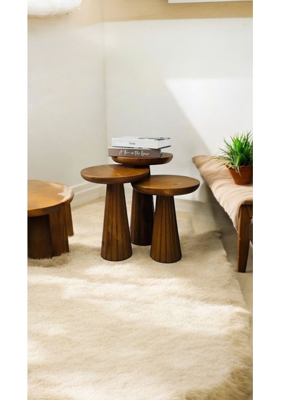 Wood Wooden Ahşap 3 Lü Set Fitilli Mantar Yan Sehpa Modern Açık Ceviz Renk Açık Ceviz