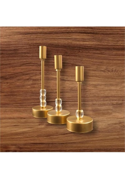 Üçlü Metal Mumluk Gold Boyalı Sarı