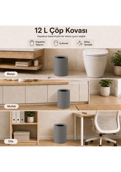 Tr 12 Litre Ofis Tipi Çöp Kovası, Kapaksız Silindir Çöp Kutusu, İç Kovalı Kolay Temizlenebilir Banyo Mutfak Ofi