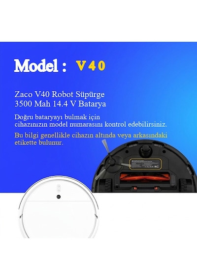Zaco V40 Robot Süpürge 3500 Mah 14.4 V Batarya  Uyumlu Uzun Ömürlü, Yüksek Performans Pil