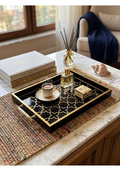 Öykü LIVING Şık Kahve Sunum Tepsisi - Altın Detaylı Siyah Desenli Hediye Dekoratif Obje