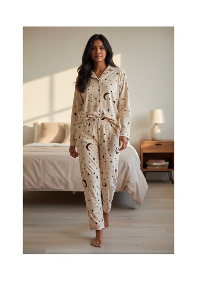 Feg Store Kadın Krem Ay Yıldız Desenli Yumuşacık Süet Dokulu Gömlek Yaka Pijama Takımı