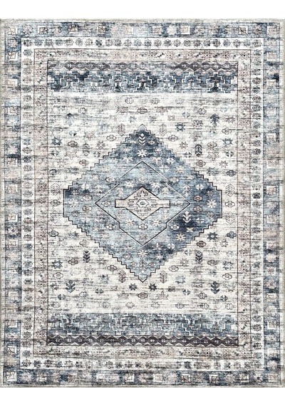 Eskitme Geometrik Madalyon Desenli Lacivert Ve Krem Etnik Halı - Ar859nc Krem - Lacivert
