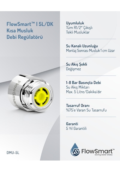 Kısa Musluk Debi Regulatörü 5l/dak. G1/2" Yarım Parmak 22 Mm Dişli Bağlantı