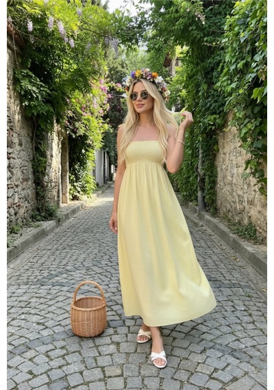 Pastelastore Sarı Uzun Pamuklu Astarsız Yaz Elbisesi Askılı Sarı
