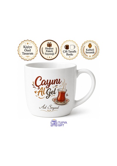 Çayını Al Gel Yazılı Baskılı Kupa Bardak Hediye Özel Tasarım Porselen Mug Beyaz / Çok Renkli