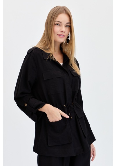 Kadın Safari Model Keten Ceket Siyah Siyah