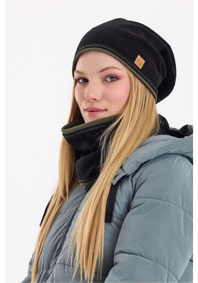 Butikgiz Kadın Dış Kısım Polar, İç Kısım Kaşkorse Pamuklu, Çift Renk, Çift Kat, Katlanabilir Bere Boyunluk Set Siyah-haki
