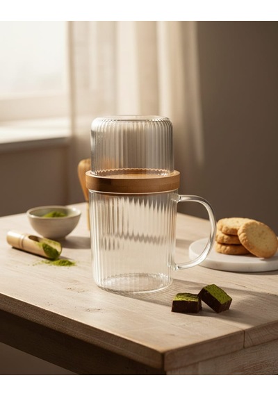 Sunum Fanuslu Bambu Kapaklı Şık Cam Kupa Seti 300ml Cam - Şeffaf