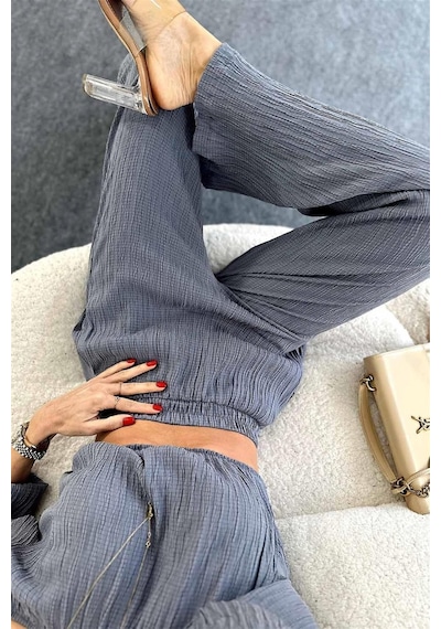 Fashion Cocktail Düşük Omuz Yazlık Lastikli Bohem Sahil Pantolon Krop Göbek Açık Kadın Takım Gri