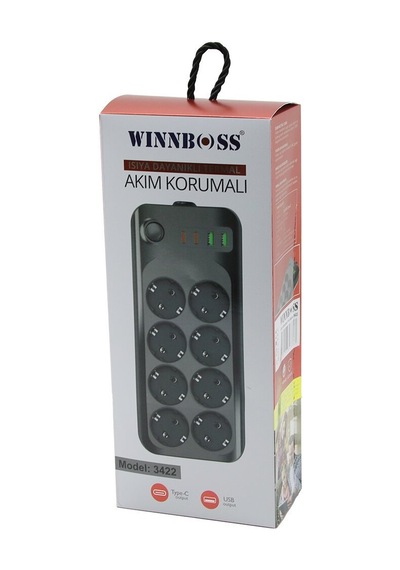 Wınnboss-3422 Termal Akım & Kısa Devre Korumalı 8li Priz 2+2 Usb-type-c 2mt Anahtarlı Uzatma Kablo 16a & 4000w 30 Diğer