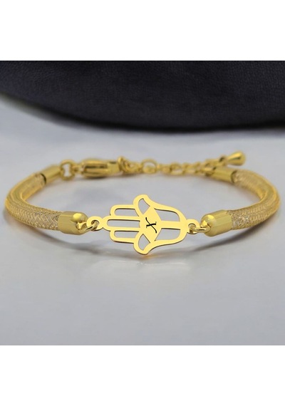 X Harfine Özel Hasır Kordonlu Hamsa Motifli 14 Ayar Altın Plakalı Hediye Bileklik-499harf X