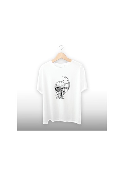 Zaman Hayat Detaylı Unisex Tişört Beyaz