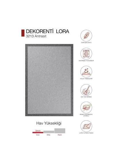Hoom Rugs Lora 3213 Antrasit Çerçeveli Çizgili Pamuk Taban Hav Toz Vermez Sisal Halı