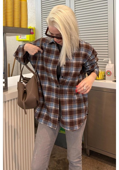 Madmext Bebe Mavisi Oversize Ekose Desenli Kadın Gömlek Mg2589 Bebe Mavisi