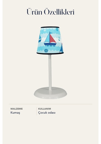Çocuk Odası Konik Kumaş Abajur Masa Lambası Mavi Yelken