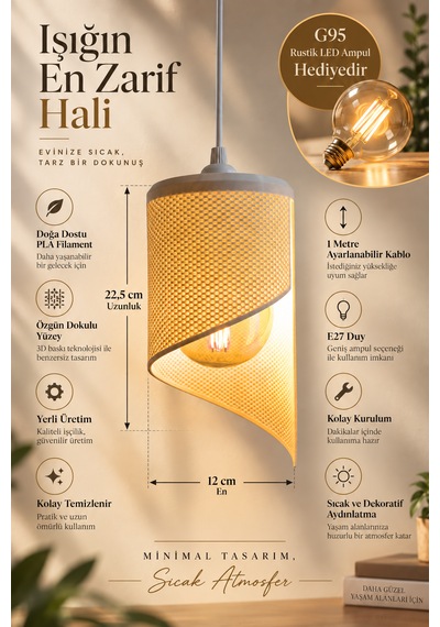 Spiral Tekli Sarkıt Avize Modern Özel Tasarım Salon Mutfak G95 Rustik Led Ampul Hediyeli Beyaz