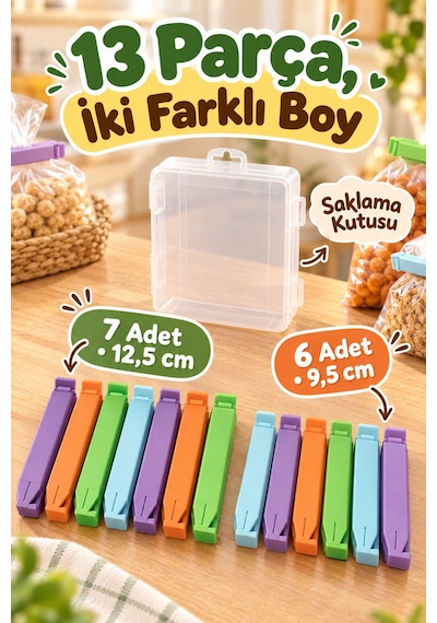 13 Adet Kutulu 2 Farklı Boy Renkli Poşet Kapatma Klipsi Mutfak Paket Ağzı Kapatıcı Düzenleyici Klips