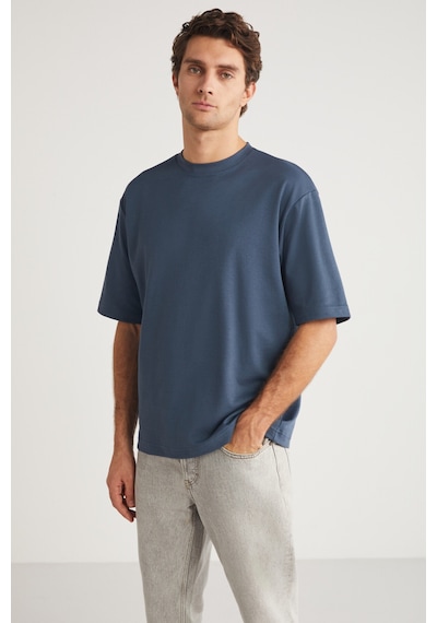 Grimelange Joel Erkek %100 Organik Pamuklu Kalın Kumaşlı Özel Dokulu Etiket Detaylı Oversize Indigo T-shirt