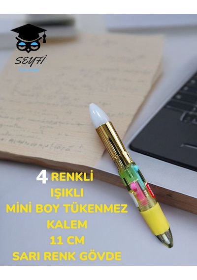 4 Renkli Işıklı Mini Boy Tükenmez Kalem 11 Cm Renkli Gövde Sarı