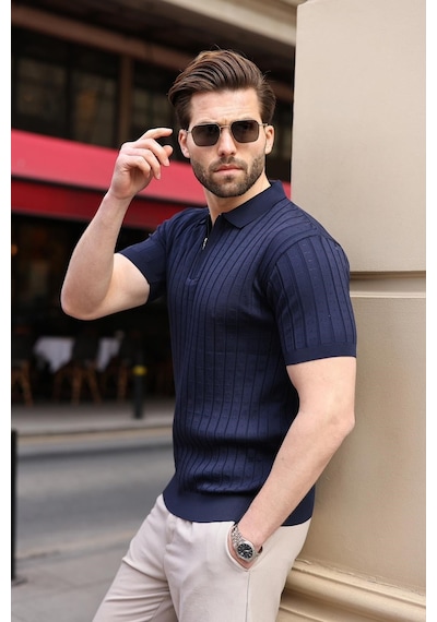 Lacivert Polo Yaka Slim Fit Triko Erkek Tişört E7465