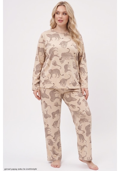 Siyah İnci Baskılı Büyük Beden Battal Boy Örme Pijama Takım 8089 Ten Leopar