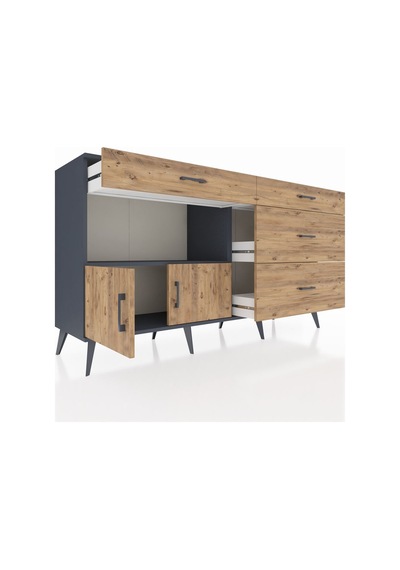 Hyperion Konsol Tek Raflı 4 Çekmeceli 2 Kapaklı 176x44x99 Antrasi Antrasit-çam