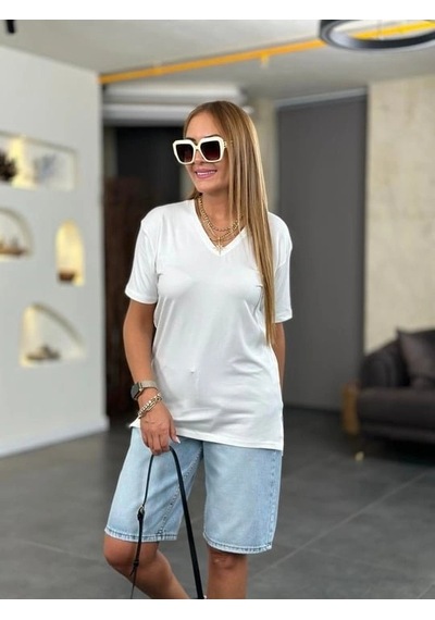 Defymoda Kadın Kısa Kollu V Yaka Bluz Beyaz