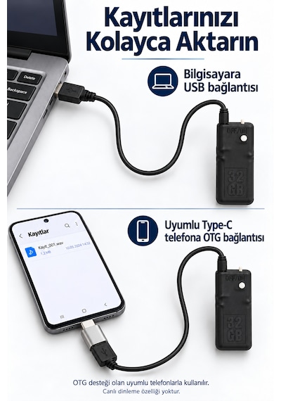 32 Gb Mini Ses Kayıt Cihazı 10 Güne Kadar Kayıt Sese Duyarlı Tek Tuşla Kayıt Usb Otg