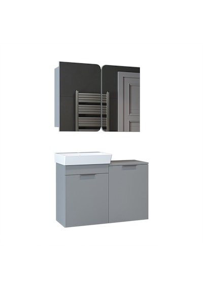 Dubai Sepetli Mdflam Banyo Dolabı, Lavabolu Banyo Alt Dolabı + Aynalı Banyo Üst Dolabı Takımı Kül Gri Dubai Sepetli Mdflam Banyo Dolabı, Lavabolu Banyo Alt Dolabı + Aynalı Banyo Üst Dolabı Takımı Kül Gri