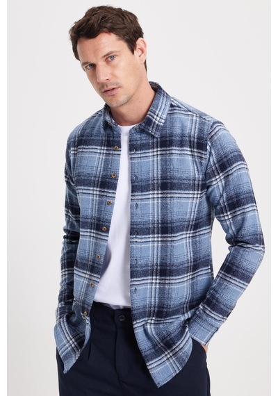 Tudors Erkek Slim Fit Dar Kesim Kareli Kışlık Oduncu Gömlek-42377 Mavi