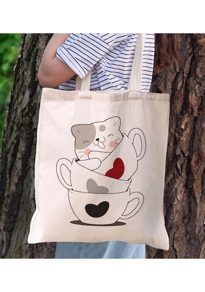 Bk Gift Kedi Tasarımlı Kanvas Bez Çanta, Baskılı Omuz Çantası, Alışveriş Çantası, Plaj Çantası, Arkadaşa Hediye-10 Sarı