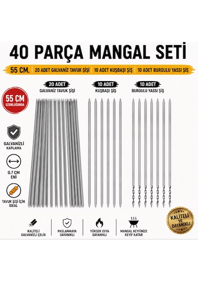 40 Parça Mangal Seti - Tavuk Şişi Galvaniz 20 Adet - Kuşbaşı Şişi Düz 10 Adet - Burgulu Yassı Şiş, Domates Sebze Patlıcan Et Tavuk Şişi