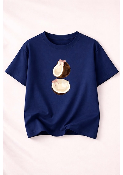 Herkesemoda Coconat Baskı Detaylı Kadın Bisiklet Yaka Pamuklu T-shirt Lacivert