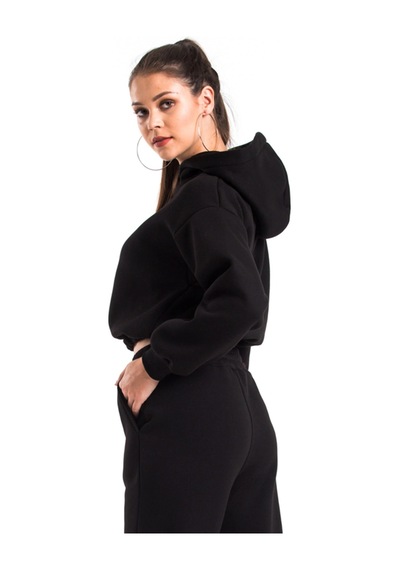 Caya Kadın Ekru Renk Kapüşonlu Crop Kesim Sweatshirt Cy84196 Beyaz Siyah