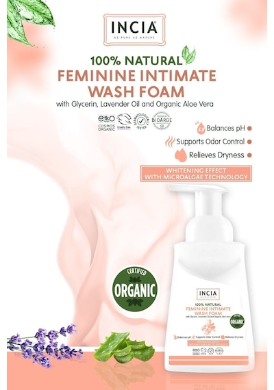 INCIA %100 Doğal İntim Yıkama Köpüğü pH 3.8 Beyazlatma Etkili ve Koku Önleyici Vegan 200 ML