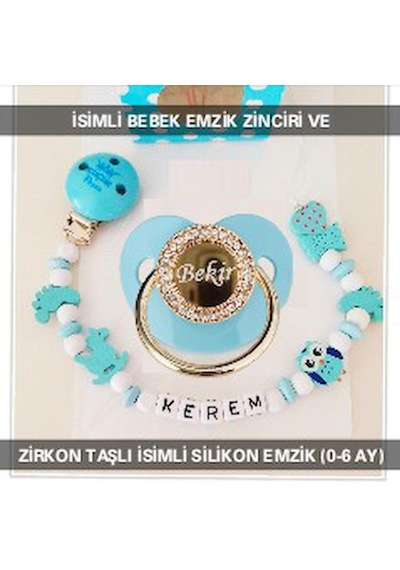 Sahi Aksesuar İsimli Bebek Emzik Zinciri ve İsimli Bebek Silikon Emzik BEZYI268 Mavi