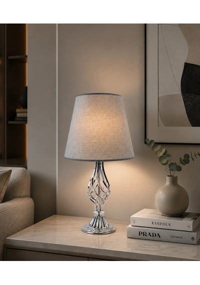 Gri Kumaş Başlık Metal Burgu Ayaklı Modern Abajur 50x25 Cm