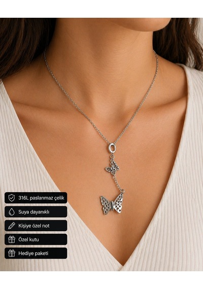 Butterfly Figürlü Sallantılı Kolye 316l Paslanmaz Çelik Kadın Hediye Altın - Gümüş