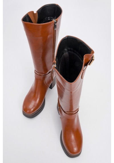 Luvishoes Luvi Shoes Rock Taba Cilt Tokalı Fermuarlı Kadın Platform Topuklu Çizme Taba