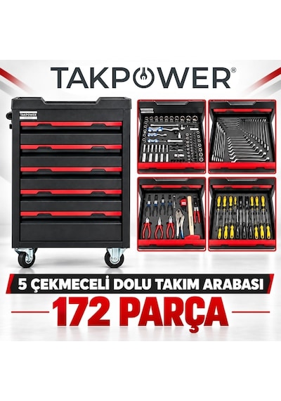 Takpower 5 Çekmeceli Dolu Takım Arabası 172 Parça