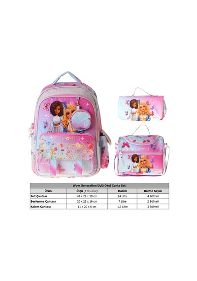 Wow Generation Üçlü İlkokul Okul Çanta Seti - Turkuaz - Pembe - Butterfly Baskılı - Kız Çocuk - Setwg-w6074a Çok Renkli