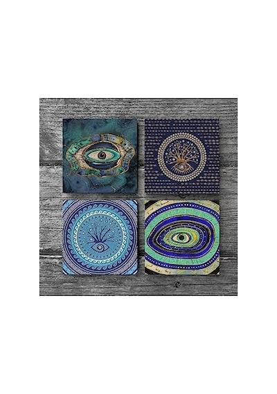 Nazar Taş Bardak Altlığı Seti - 4 Parça - Dekoratif, Rustik Mutfak Aksesuarı, 10x10 Cm, Kaydırmaz Tabanlı, Şık Diğer