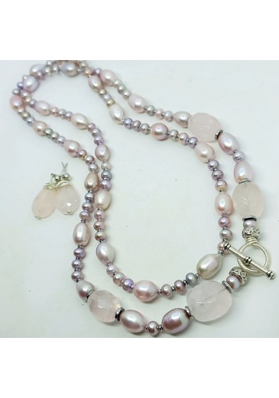 2865 Doğal Pembe İnci Kuvars Zirkon Hematit El Yapımı Uzun Kolye 046 - Pembe
