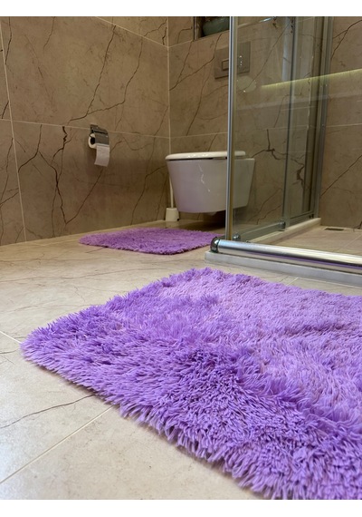 Tavşan Lila Kaymaz Tabanlı 2'li Banyo Halısı Seti